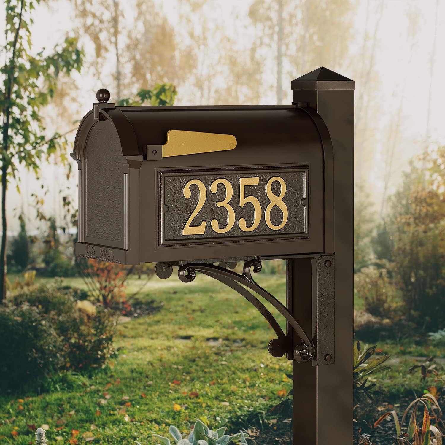 Whitehall Superior Mailbox with Side Address Plaques, Personalized Large Mailbox with Post and Address Plaque for Outside, Package Mailbox with Post Bronze