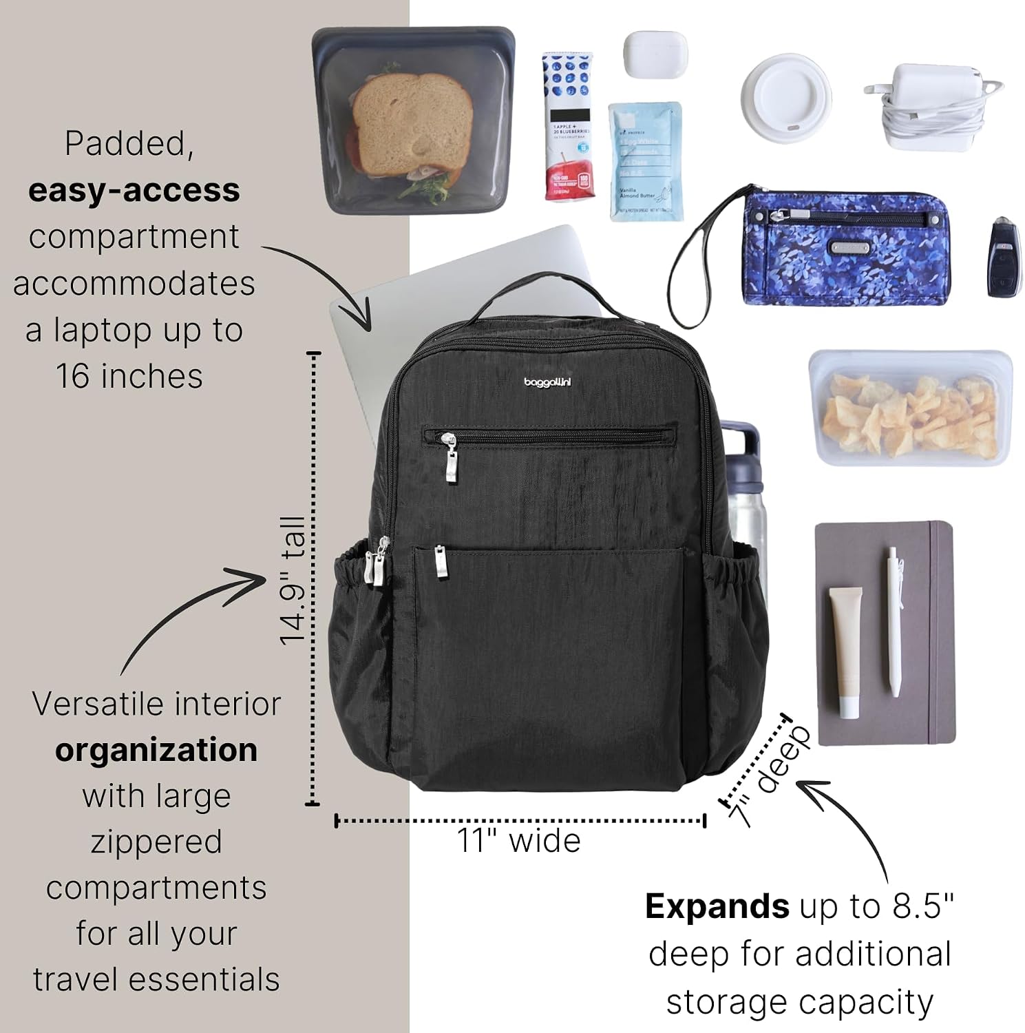 Baggallini Women's Tribeca Expandable Laptop Backpack, Black