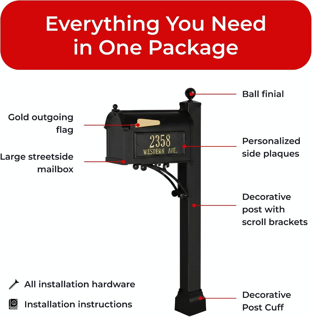Whitehall Deluxe Mailbox with Post in Black Personalized Side Plaques Large Cast Aluminum Streetside Mailbox Decorative Scroll Post & Ball Finial