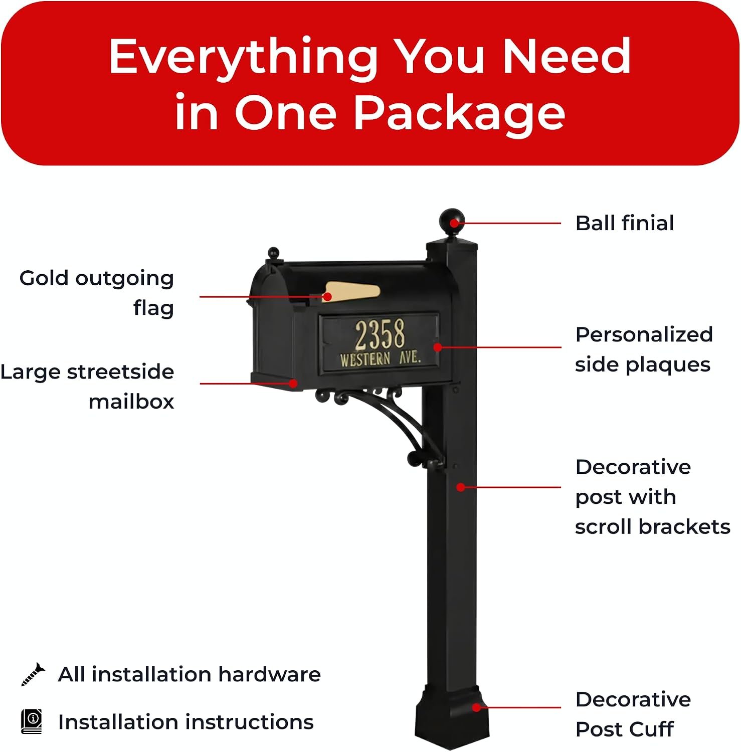 Whitehall Deluxe Mailbox with Post in Black Personalized Side Plaques Large Cast Aluminum Streetside Mailbox Decorative Scroll Post & Ball Finial