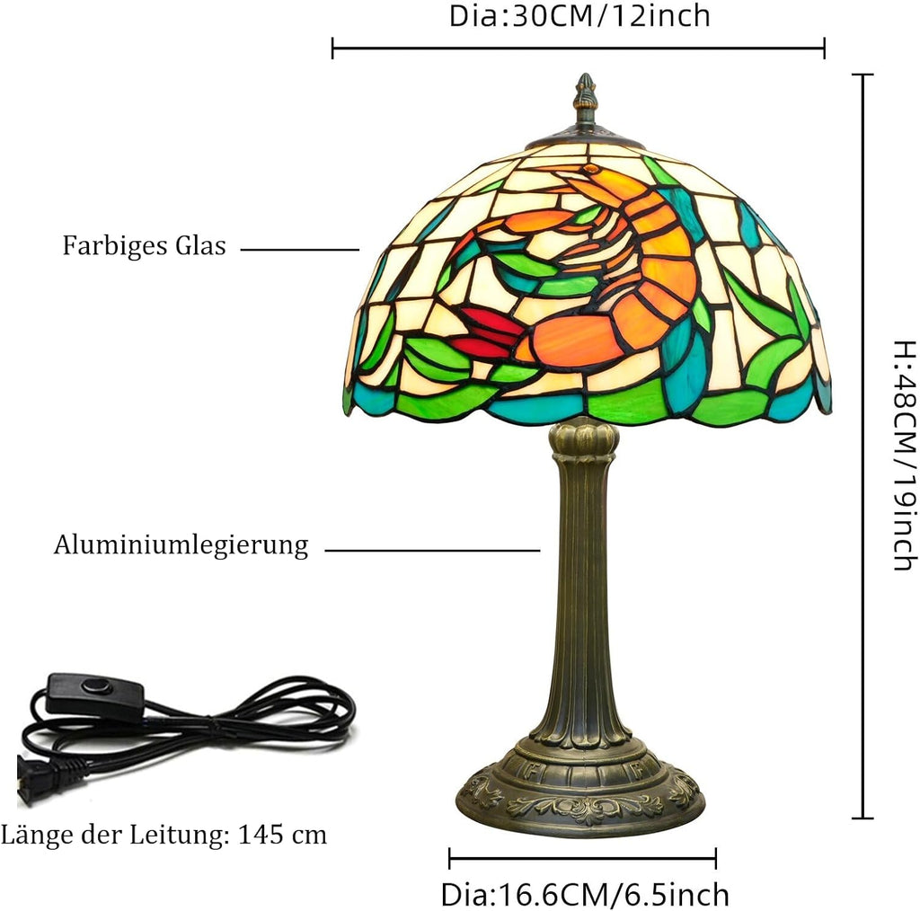 Tiffany Style Table Lamp with Orange Shrimp Stained Glass Lamp 12 Inch Retro Bronze Base Bedside Lamp Bedroom，Living Room, Bar,Cafe,Restaurant Hotel Coastal Style Decorative Ambient Light