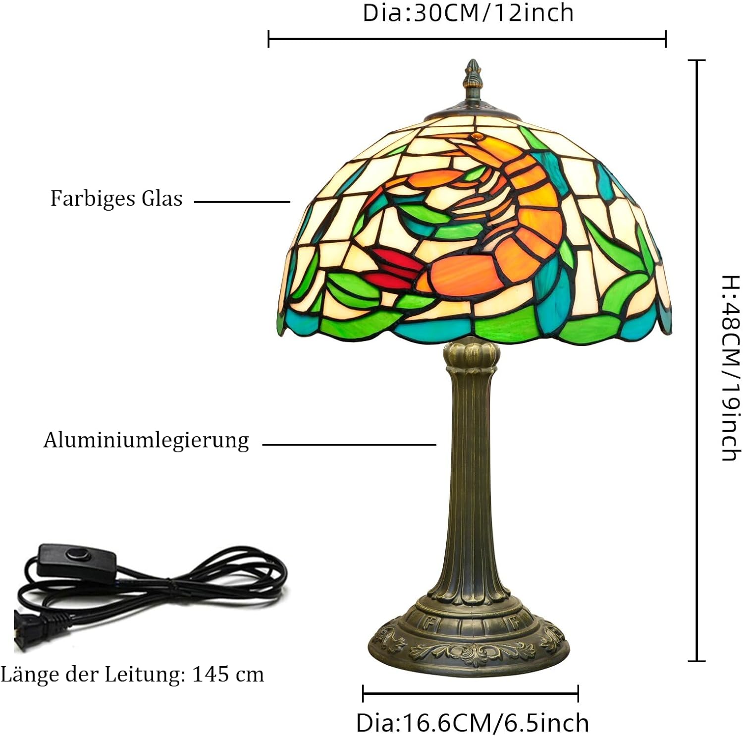 Tiffany Style Table Lamp with Orange Shrimp Stained Glass Lamp 12 Inch Retro Bronze Base Bedside Lamp Bedroom，Living Room, Bar,Cafe,Restaurant Hotel Coastal Style Decorative Ambient Light