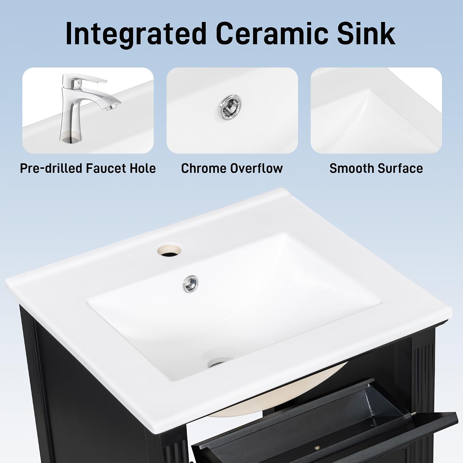 Harper & Bright Designs 20' Bathroom Vanity with Sink, Free Standing Vanity Set with Tip-Out Drawer, Storage Racks, and Adjustable Shelf, Wood Bathroom Cabinet with Ceramic Basin for Bathroom, Black