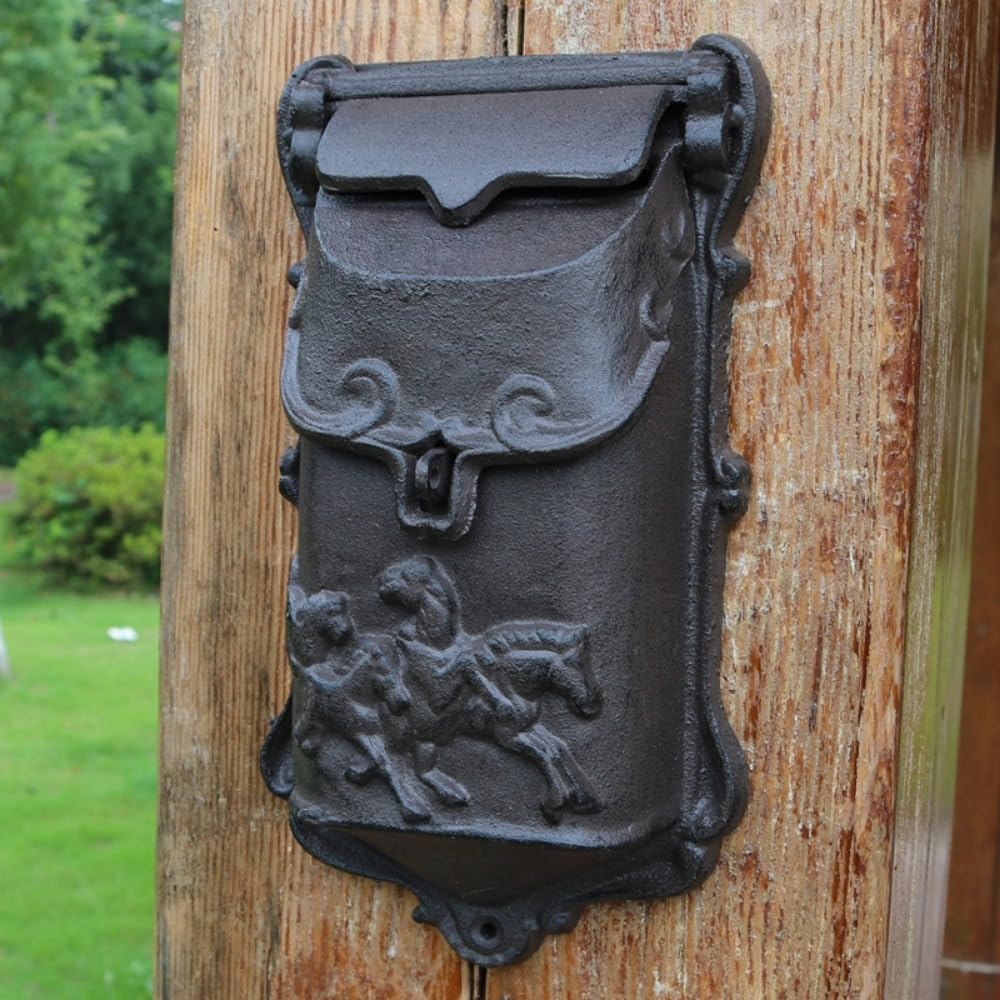 European Cast Iron Wall Mounted Mailbox, Heavy Duty Vintage Letter Box for Outside Decorative Post Box for Villa Courtyard Garden
