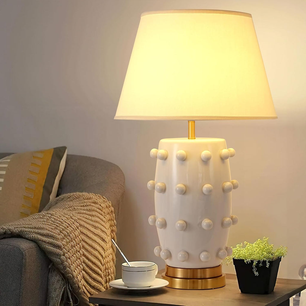Modern Ceramic Linden Table Lamp - 30' White Ball Farmhouse Design, Classic Nightstand Large Linden Lamp Tapered Drum Shade for Living Room, Bedroom, Office, and Home （White）