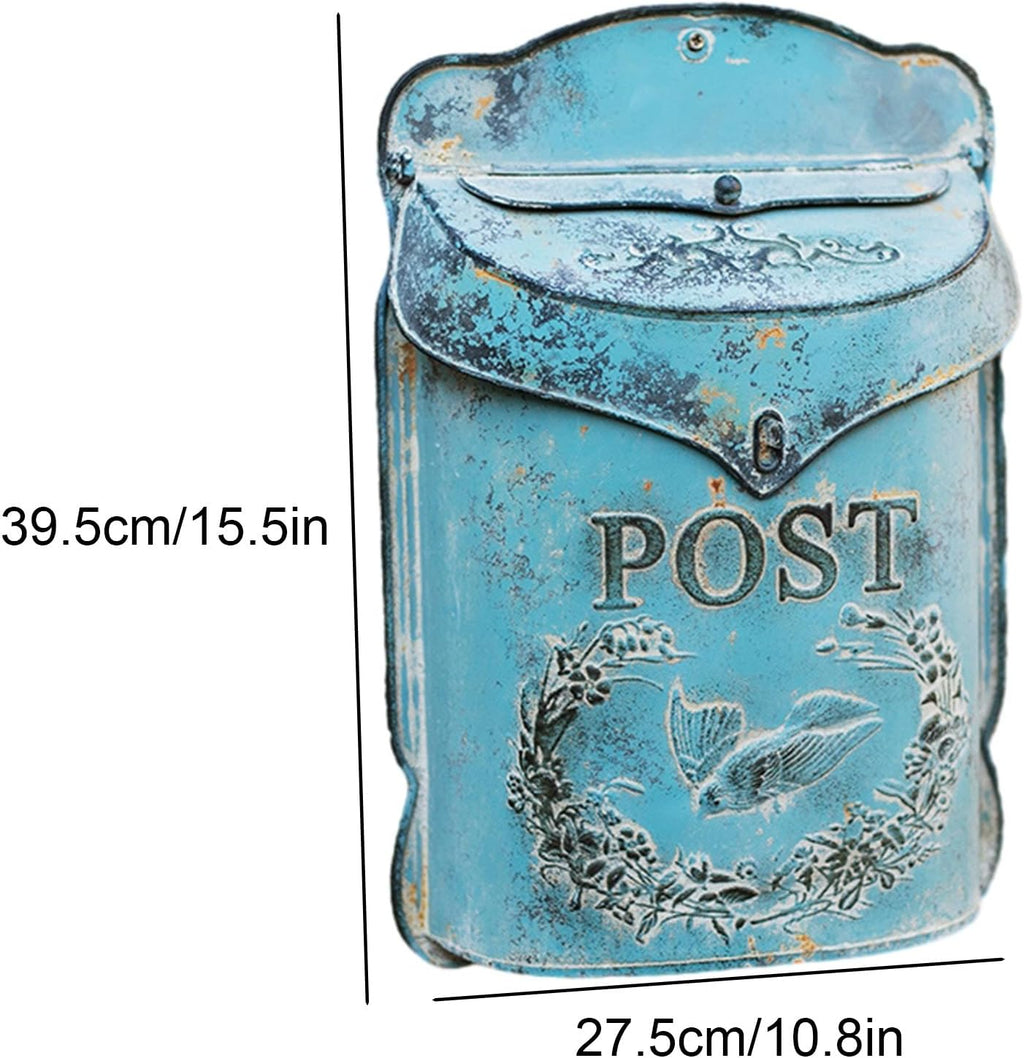 MELPHI Vintage Wall Mailbox, Metal Mailbox Large Capacity, Vintage Post Box with Cover, Wall Mount Mail Box for Garden, Outside, Coffee, Shop, Rustic Farmhouse (Color : Blue)