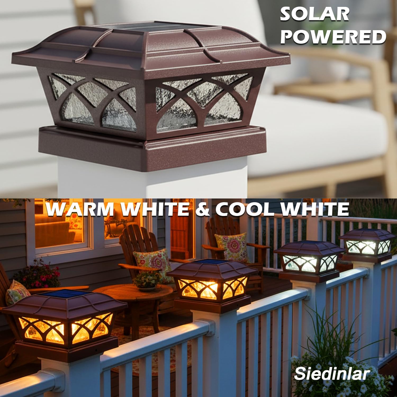 SIEDiNLAR Solar Post Cap Lights Outdoor Glass 2 Color Modes 8 LEDs for 4x4 5x5 6x6 Wooden Vinyl Posts Deck Fence Patio Decoration Warm White & Cool White Lighting Brown (10 Pack)