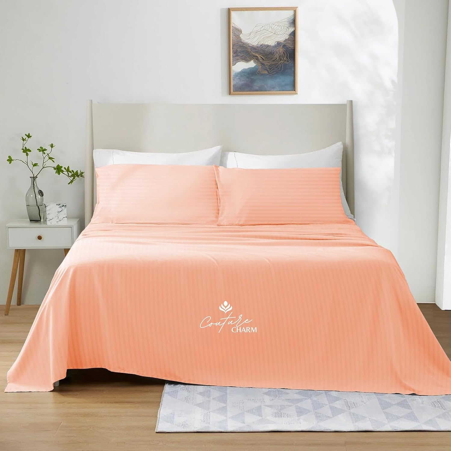 Queen Size 1000 Thread Count 100% Egyptian Cotton Sheet Set, 4-Piece, Sateen Weave, with 10-12' Deep Pocket Snug Fit (Stripe, Peach)