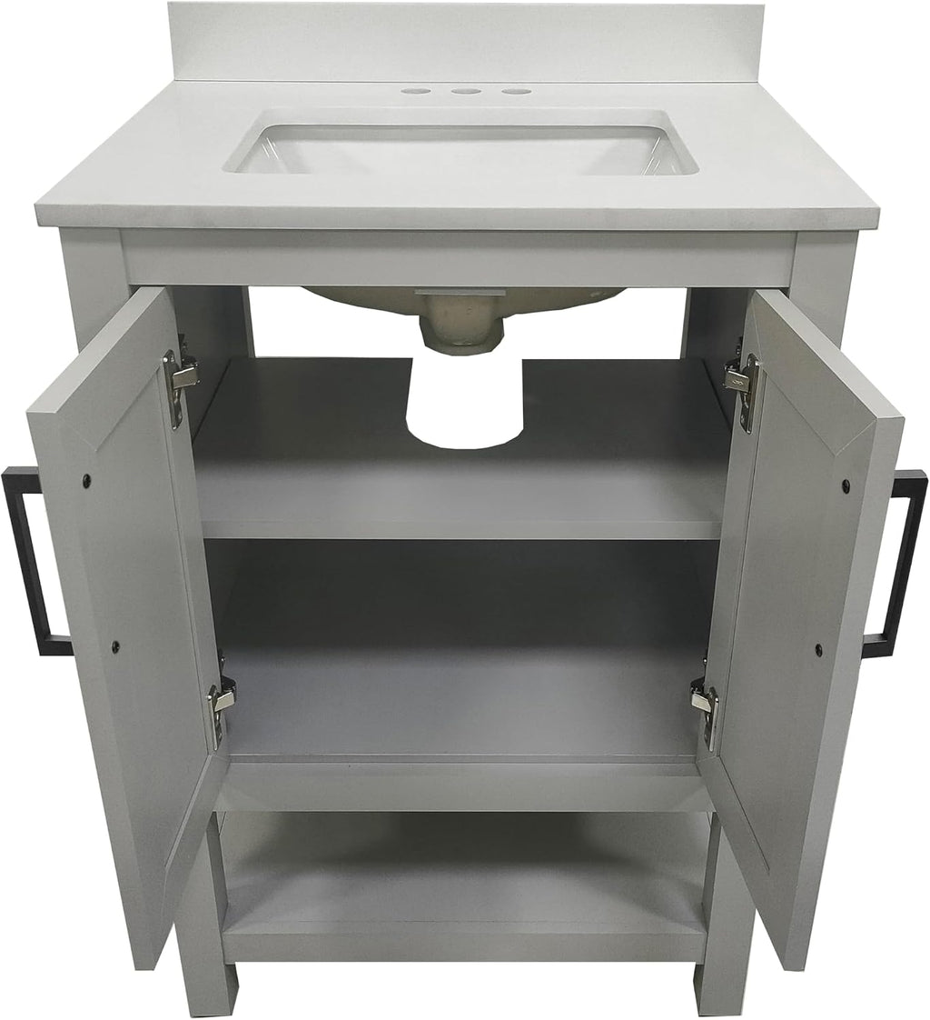 Flash Furniture Vega 30 Inch Bathroom Vanity with Sink Combo, Storage Cabinet with Soft Close Doors and Open Shelf, Carrara Marble Finish Countertop, Gray/White