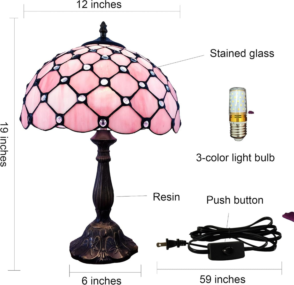 Tiffany Lamp Stained Glass Table Lamp Antique Bedside Desk Reading Light 3-Way Color LED Living Room Nightstand Light 12X12X19 Inches Home Office Desk Light Pink Pearls Style
