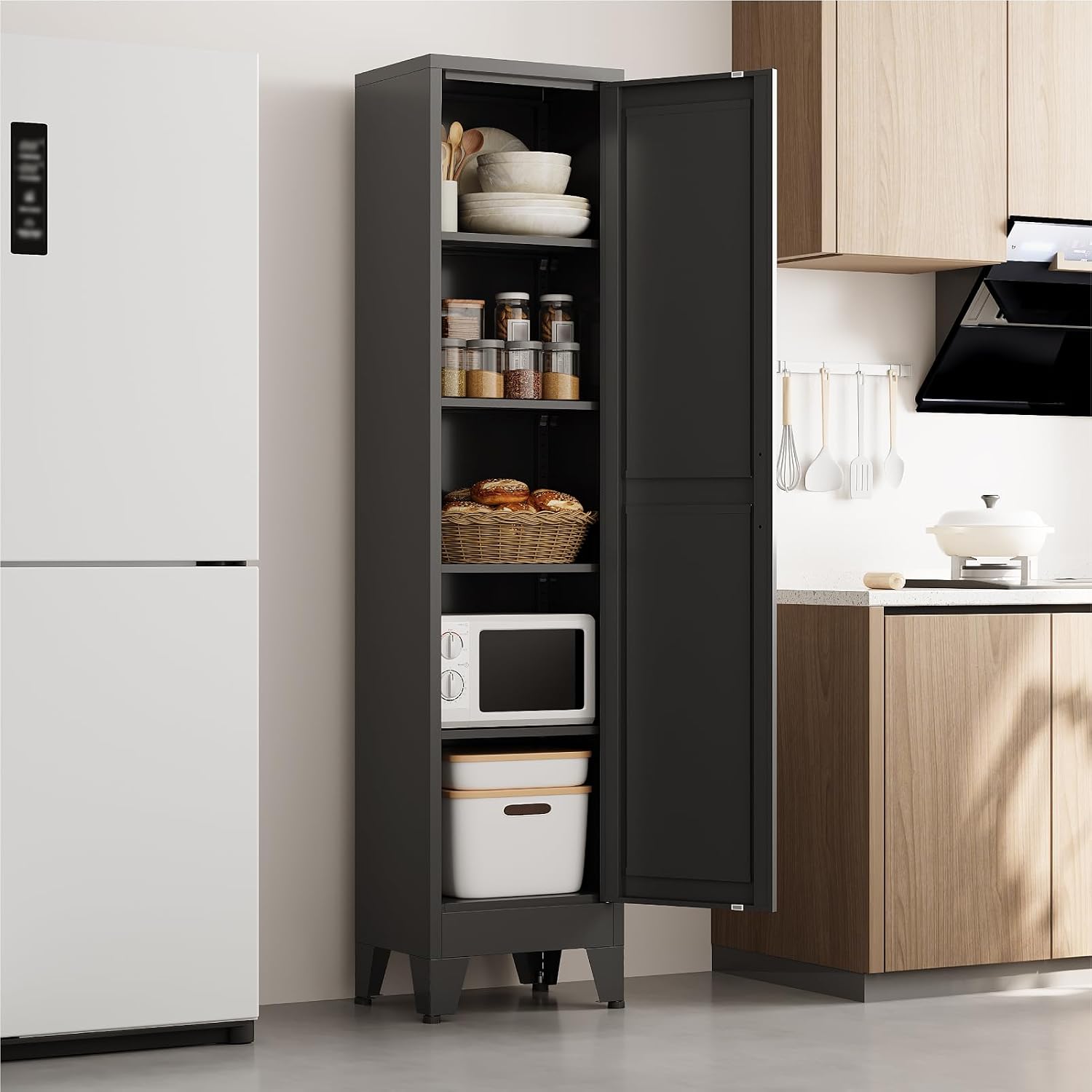 67' Tall Narrow Storage Cabinet, Metal Slim Bathroom Cabinet, Single Door Freestanding Floor Cabinets with 4 Adjustable Shelves for Laundry, Kitchen Pantry, Living Room (1PC, Black)