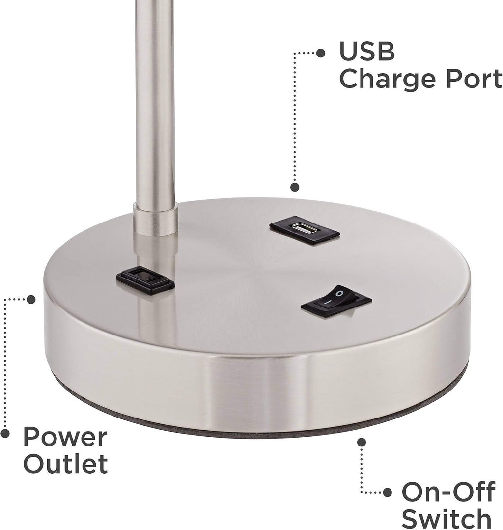 360 Lighting Colby Modern Desk Table Lamps 21' High Set of 2 with Hotel Style USB and AC Power Outlet in Base Brushed Nickel White Linen Shade for Living Room Bedroom Bedside Home Office