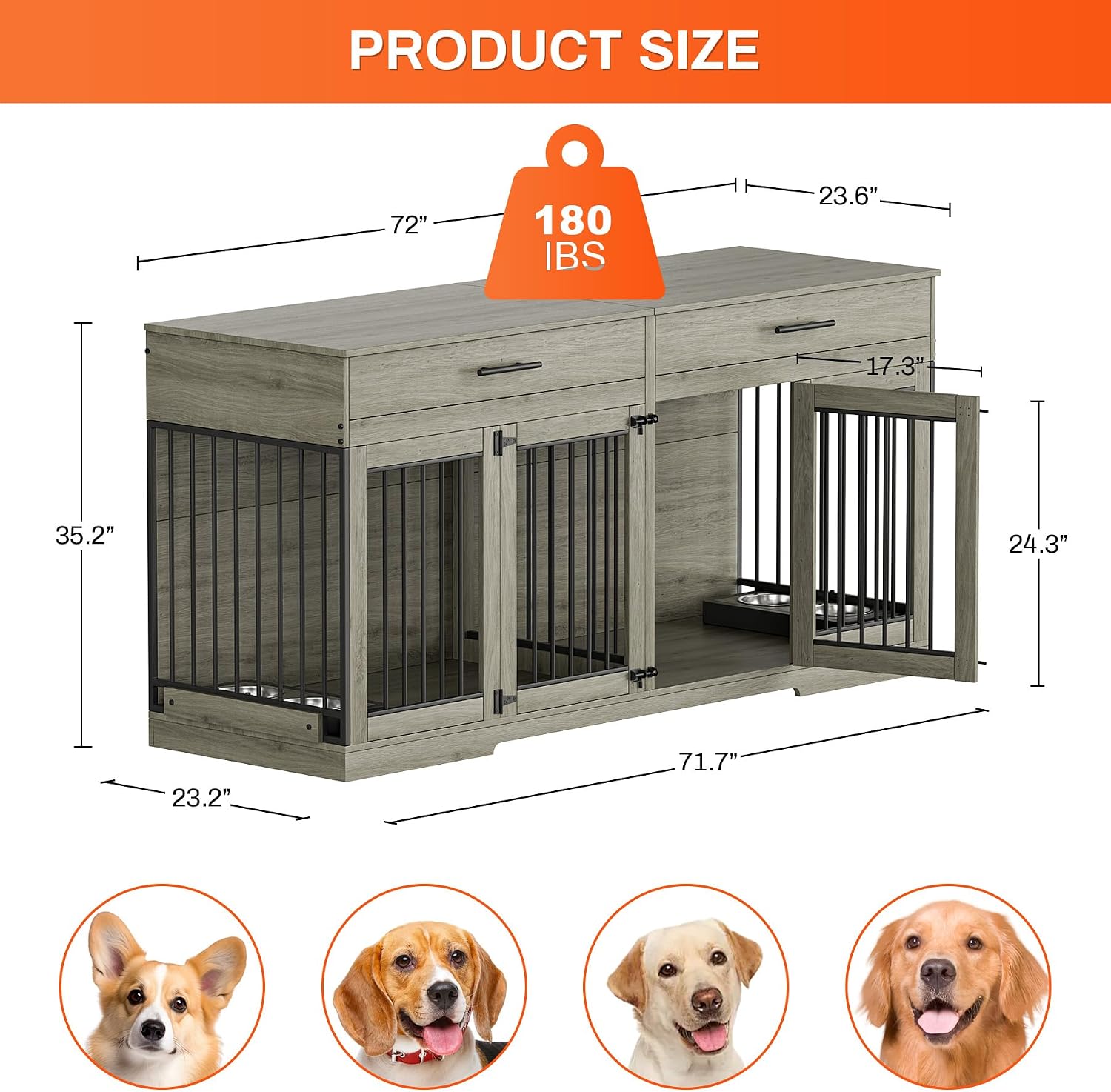Rophefx 72' Dog Crate Furniture for 2 Dogs, Large Double Dog Kennel Indoor Furniture with 2 Storage Drawers and Removable Divider, Wooden Dog Cage with 4 Bowls, Dog House TV Stand for Medium Dog, Grey