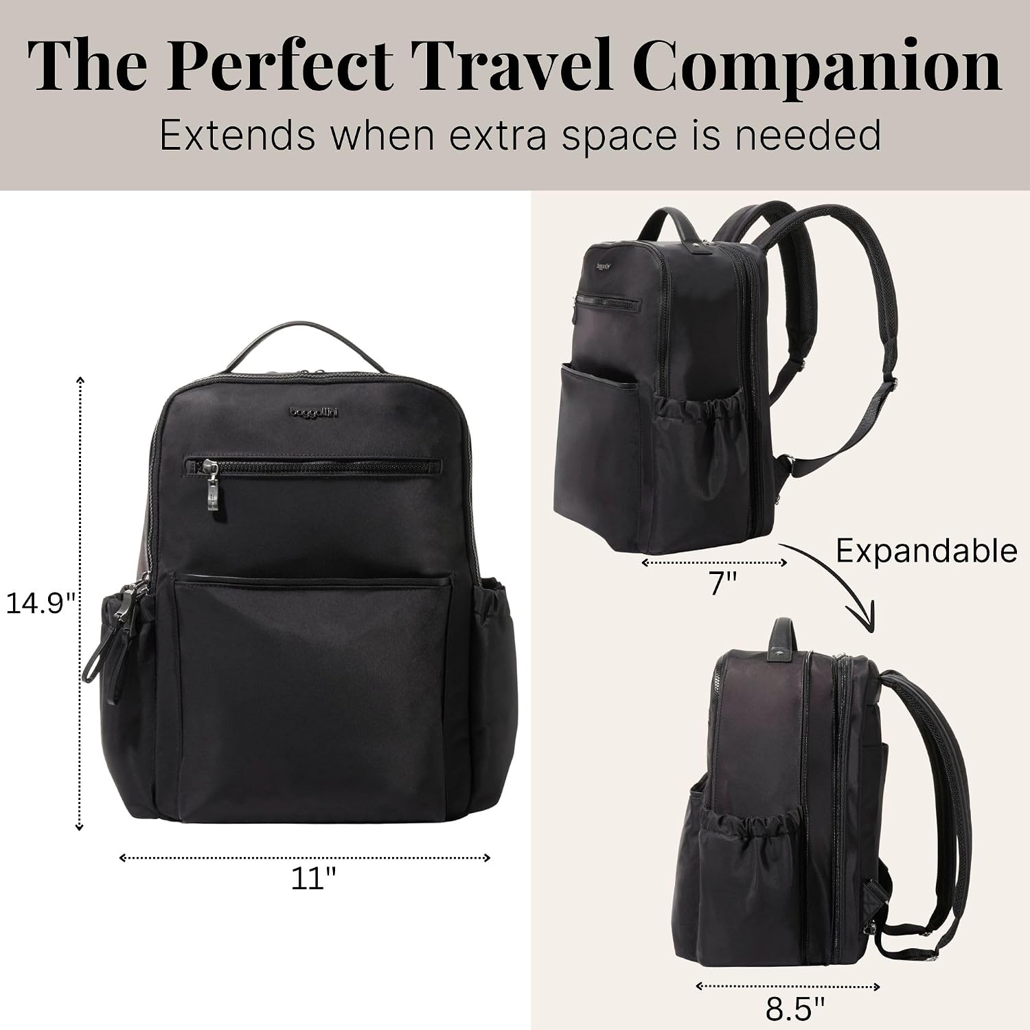 Baggallini Tribeca Expandable Laptop Backpack - 15'x11' Lightweight RFID Computer Bag for Work & Travel with Luggage Sleeve