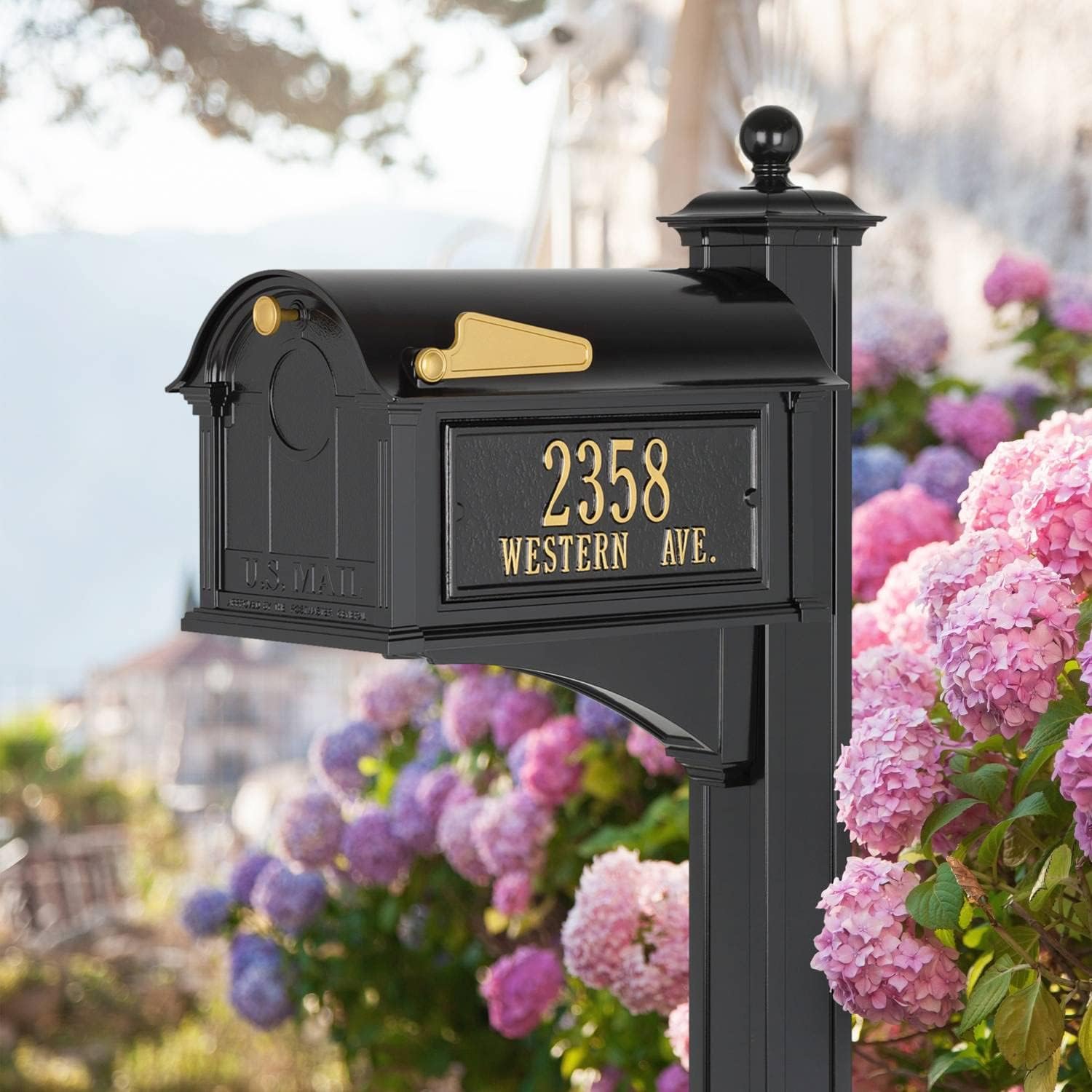 Whitehall Custom Extra Large Mailbox - Balmoral Model with Address Plaques and Side Mount Post Package, Sand Cast Aluminum, Black Personalized in Goldtone