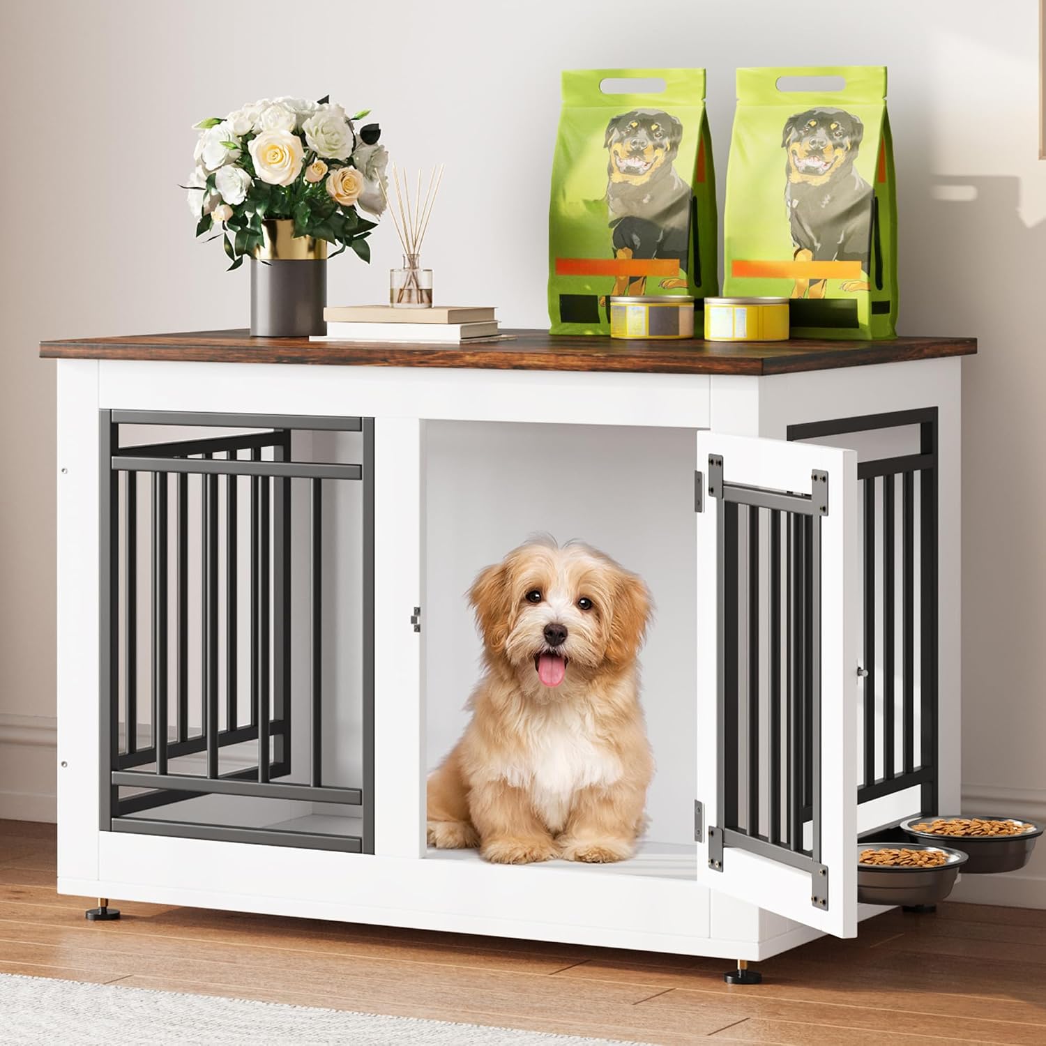 YITAHOME 28' Dog Crate Furniture, Wooden Side End Table with Adjustable Feet and Removable Bowls, Dog Kennel Indoor for Small Dogs