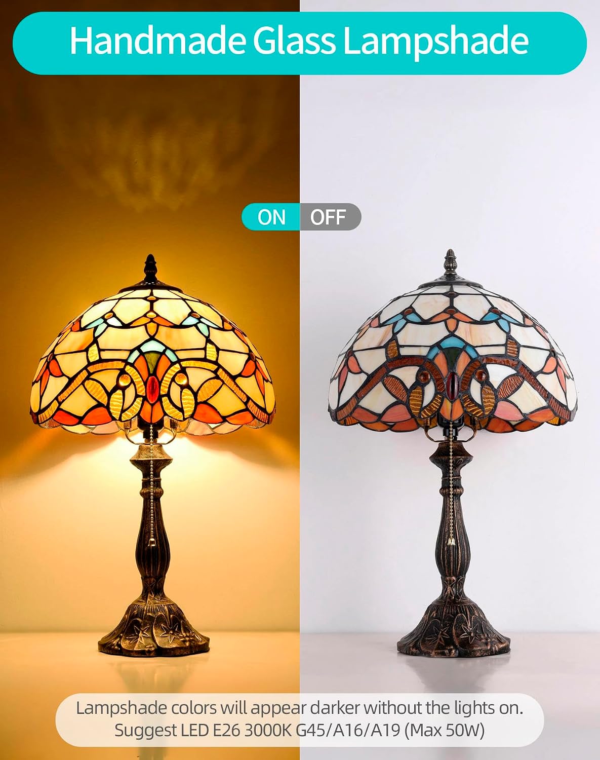 Tiffany Table Lamp, 12-inch Stained Glass Lamp for Living Room, Dining Room, Bedroom, Study Room, Office (Beige Baroque)