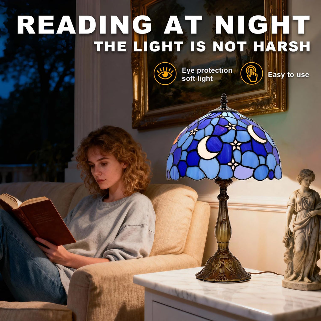 Tiffany Style Table Lamp,Stained Glass Moon Table Lamp,12X12X19 Inch Tiffany Reading Light, Antique Glass Desk Decor Lamp.