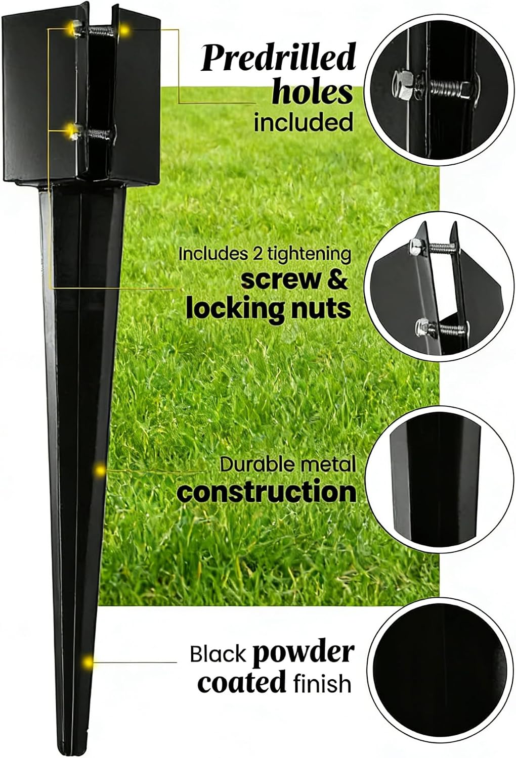 4 Pack 36'' Fence Post Anchor Ground Spike Metal Black Powder Coated 36 x 6 x 6 Inches Outer Diameter (Inner Diameter 5.5x5.5 Inches)
