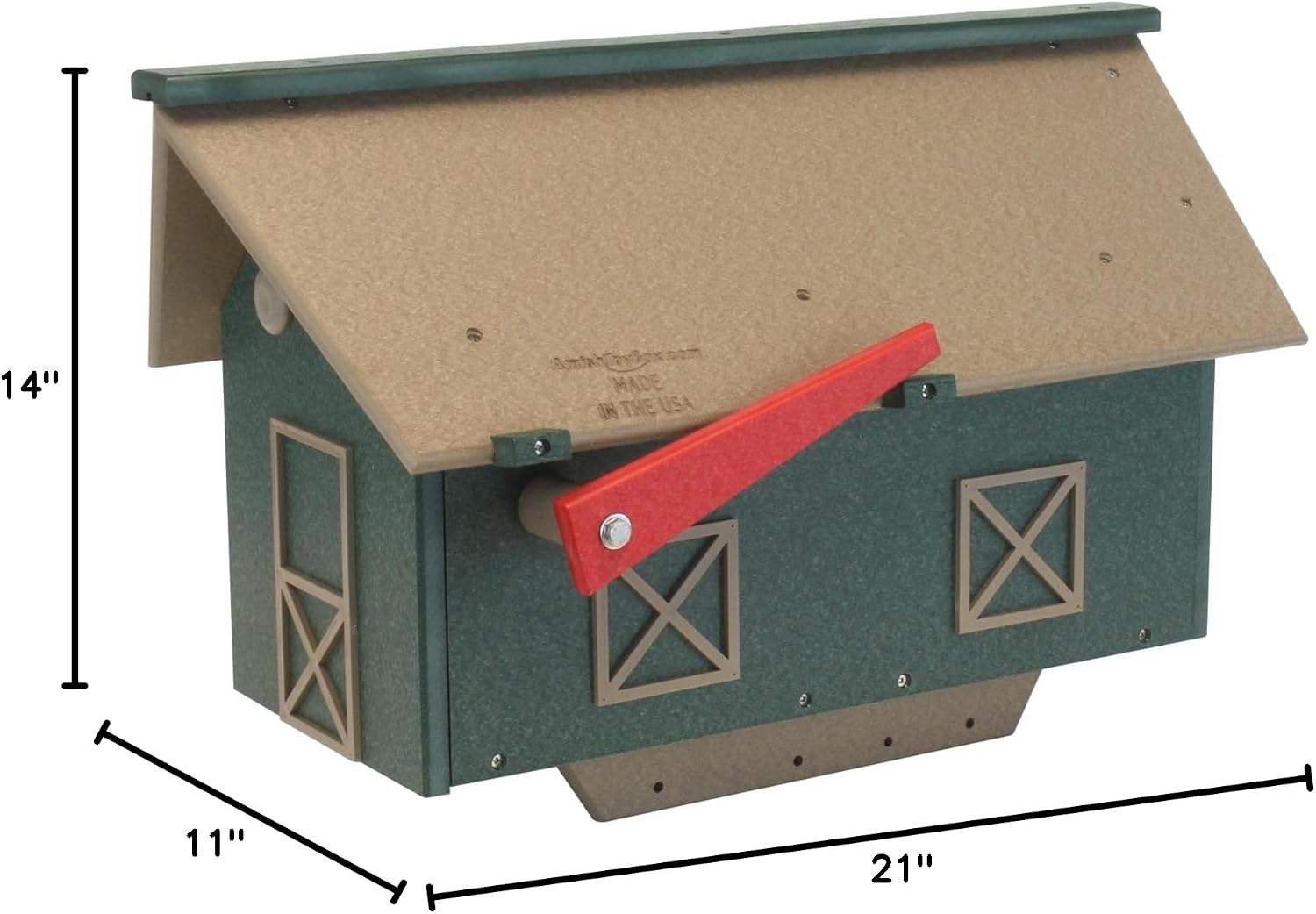 Country Barn Style Mailbox, Post Mount, Made with Weather-Proof Poly Lumber, UV-Resistant, (Weathered Wood and Turf Green)