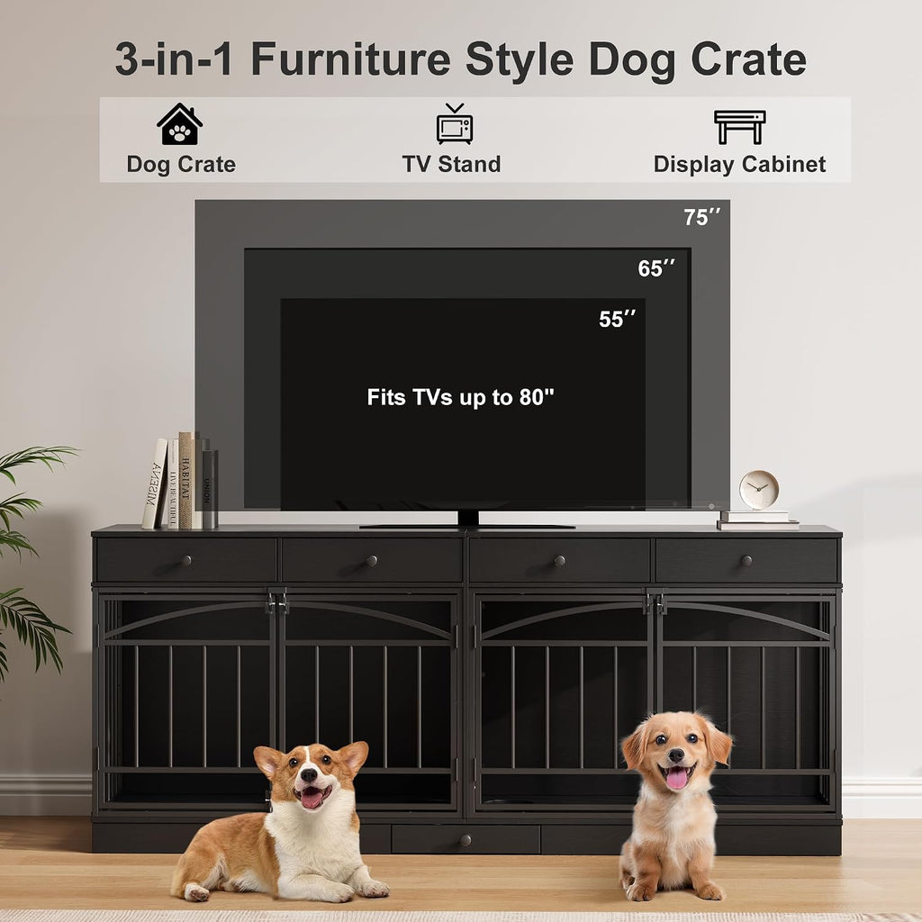GarveeHome Dog Crate Furniture for 2 Dogs, Dog Kennel Indoor with 4 Storage Drawers and Feeding Bowls, Double Dog Crate TV Stand for Small Medium Dogs, Black