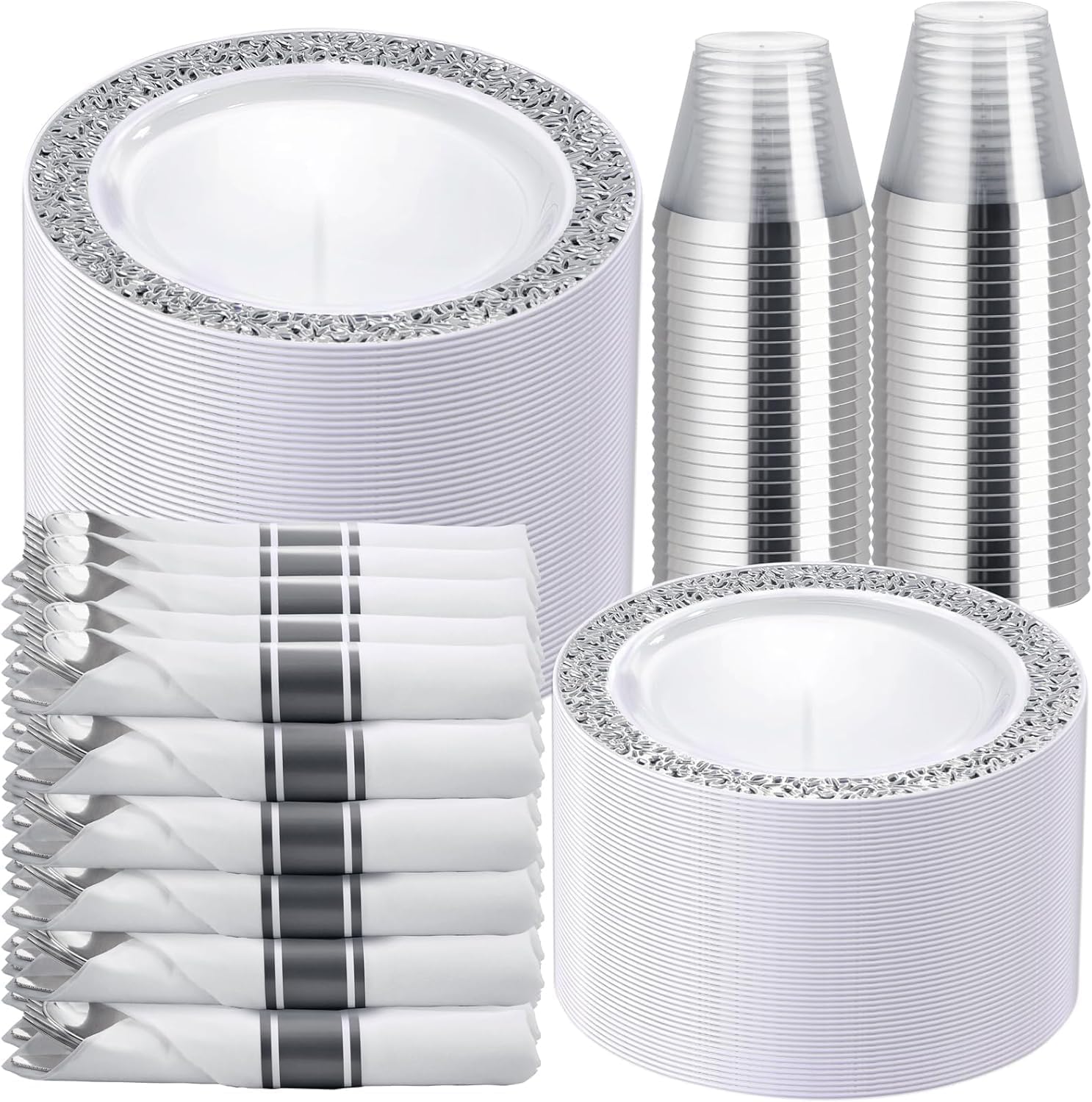 WELLIFE 700 Pieces Silver Disposable Plastic Dinnerware, Includes:100 Dinner Plates, 100 Dessert Plates, 100 Cups, 400 Pre Rolled Napkins with Silver Cutlery