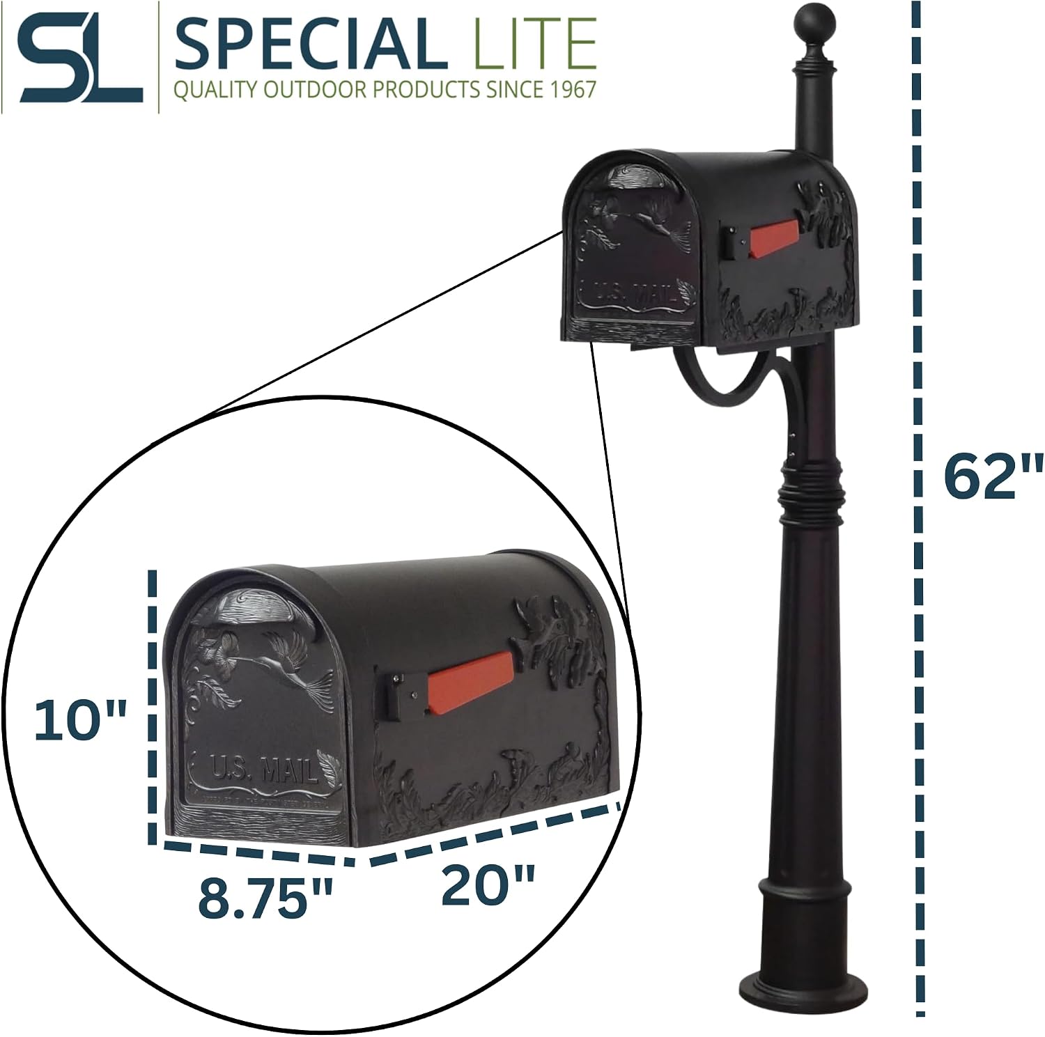 Special Lite Hummingbird Curbside Mailbox with Ashland Post - Black Mailbox with Aluminum Post - SCB-1005_SPK600-BLK