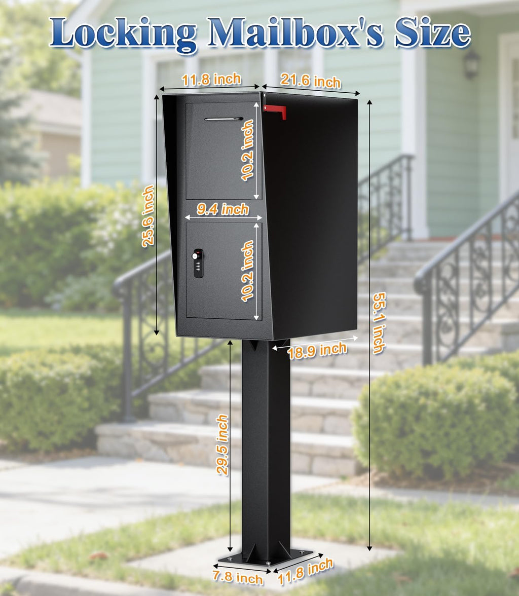 All-in-One Secure Curbside Locking Mailbox for Packages & Mail, Galvanized Steel with Combination Lock & Key, Anti-Theft Rainproof Design, Spacious Interior (Black)