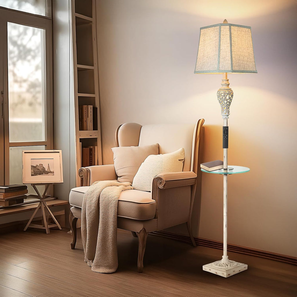 LuxSight Collection Rustic Floor Lamp, Living Room Lamps with Glass Tray, stepless diming Floor Lamp with Remote Control and USB A&C Charging Ports for Living Room Bedroom Office Smart Bulbs Included