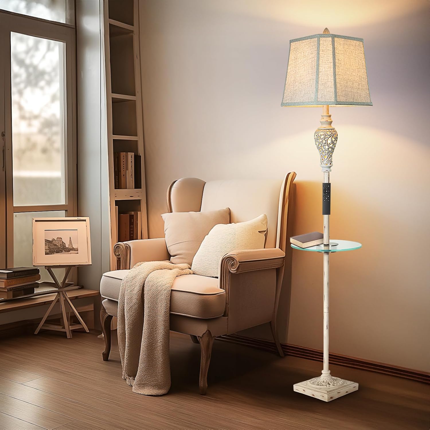 LuxSight Collection Rustic Floor Lamp, Living Room Lamps with Glass Tray, stepless diming Floor Lamp with Remote Control and USB A&C Charging Ports for Living Room Bedroom Office Smart Bulbs Included