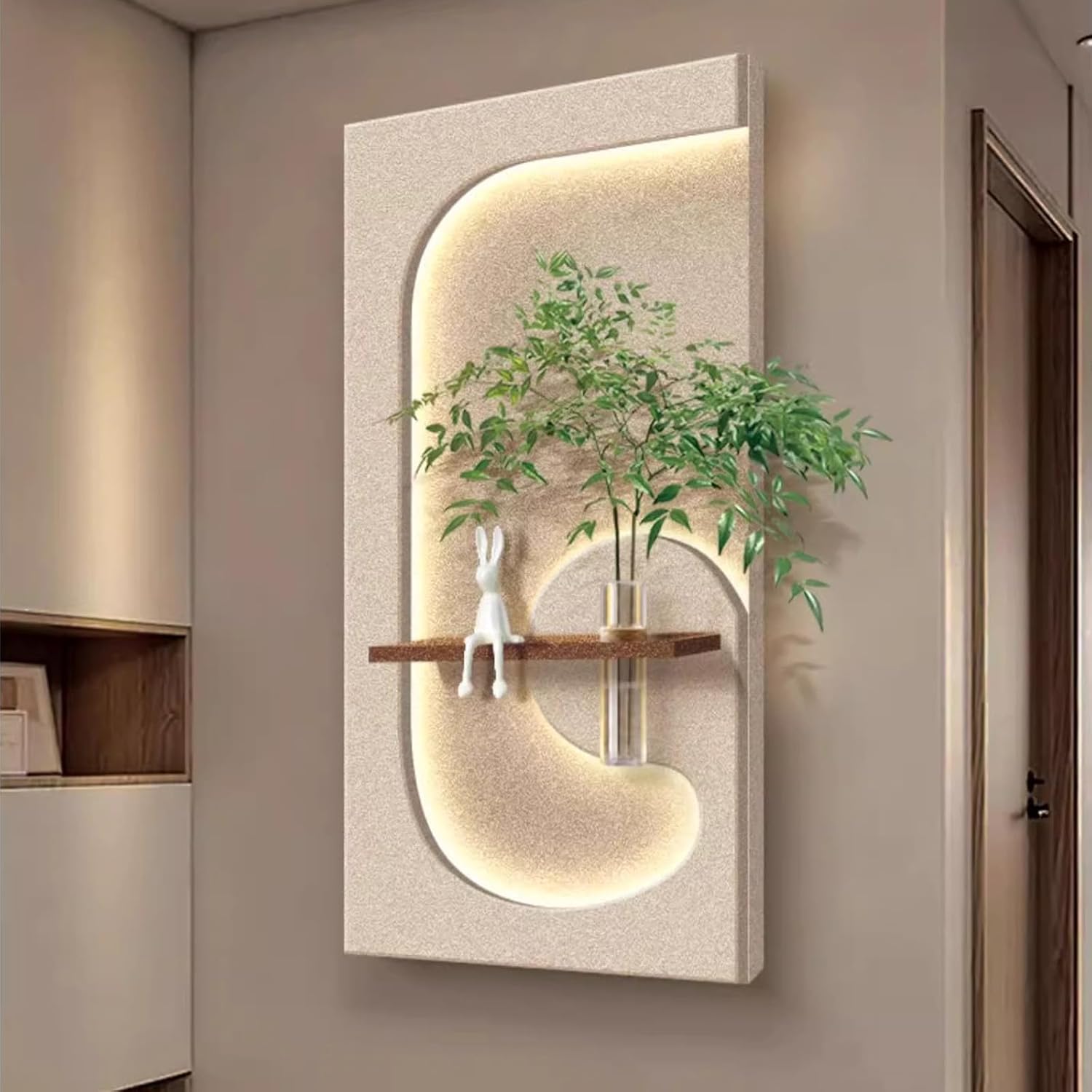 JVQONSD Sandstone Modern Wall Sculpture,3D Art Wall Decor With Led Lights,Neutral Textured Painting Decoration,Wall Hanging Art With A Vase,Plug-In Power Supply For Corridor/Home (Entrance)/Indoor