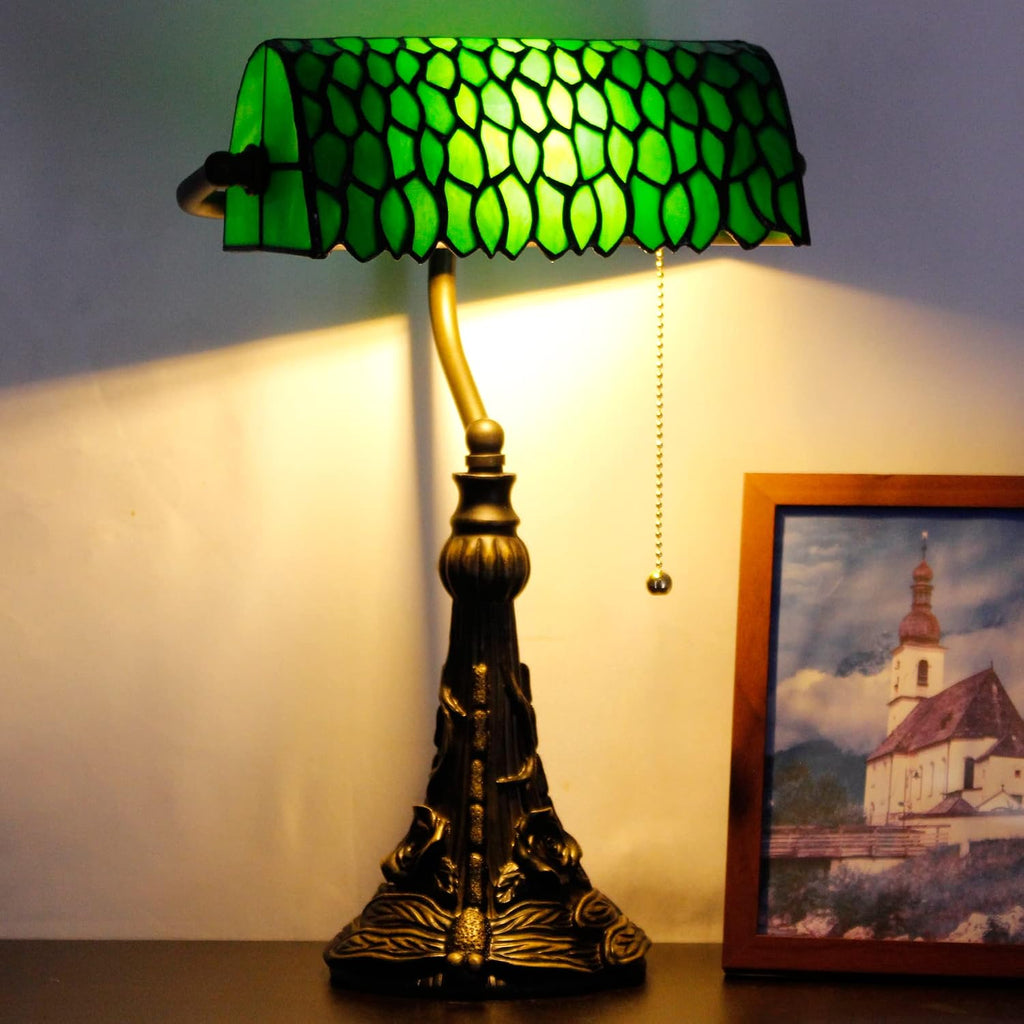 Tiffany Banker Lamp Small Stained Glass Table Lamp Tiffany Style Piano Light Green Wisteria Leaf Style Desk Lamp Angle Adjustable 10.6X15.7 Inch for Home Office Living Room Bedroom
