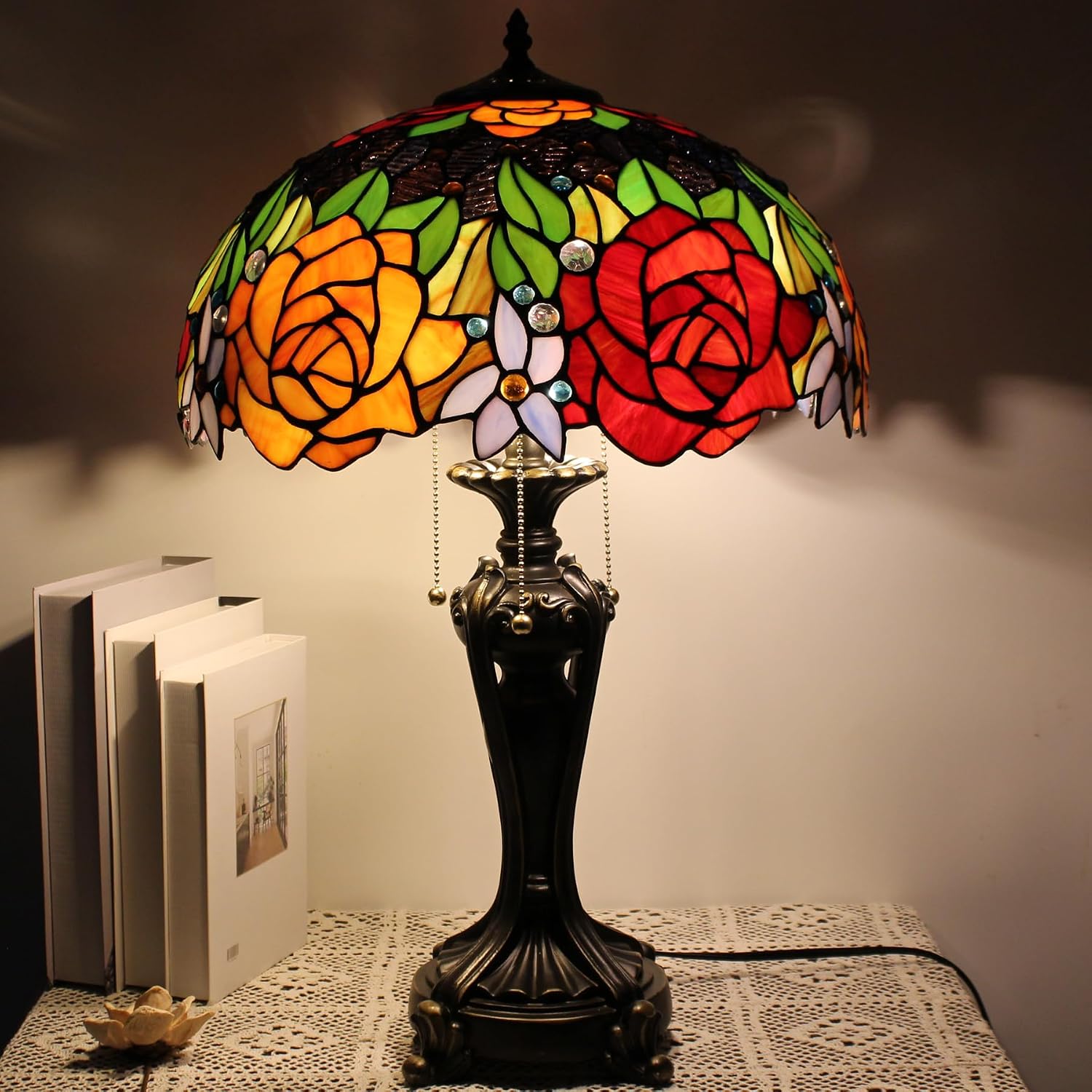 Large Tiffany Lamp Shade Replacement Only 16Inch Stained Glass Lampshade Fit For Table Lamps FLoor Lamp Ceiling Fixture Pendant Hanging Light Home Office Decoration (Red Yellow Roses)