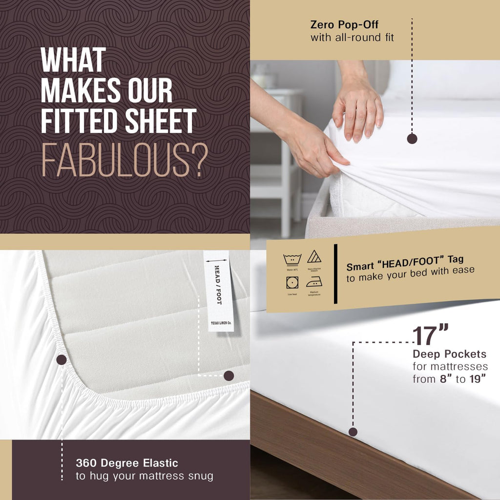 TEXAS LINEN CO. 100% Egyptian Cotton Sheets King Size - Snoozin' Supreme Collection 2000 Series Luxury King Bed Sheet Set, Cooling Sateen Weave, 17' Extra Deep Pocket Hotel Sheets (4 Pc, White)