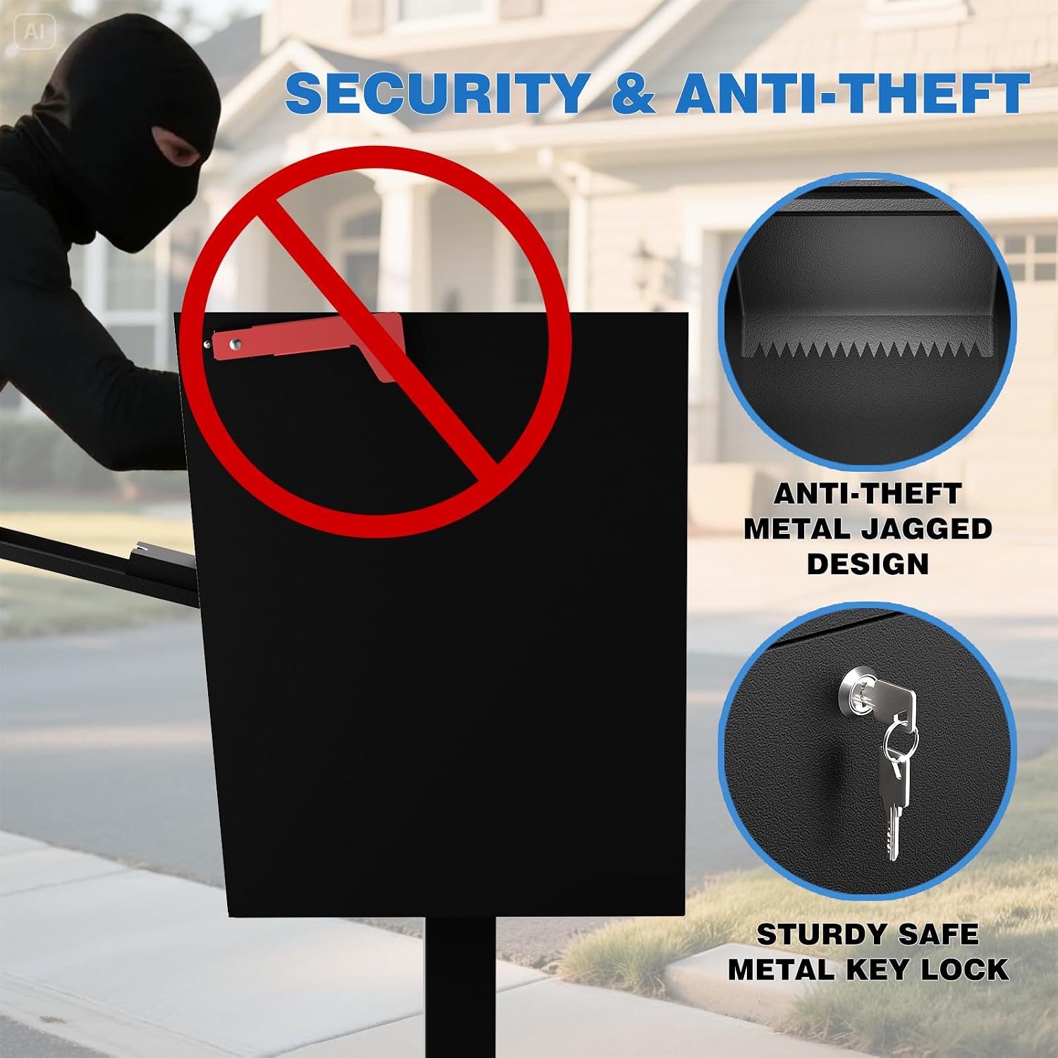POCHAR Curbside Large Mailbox for Outside with Post - Locking Mailbox Post Mount with Base Plate - Weekend-Away Design Large Street Mail Box(Black)