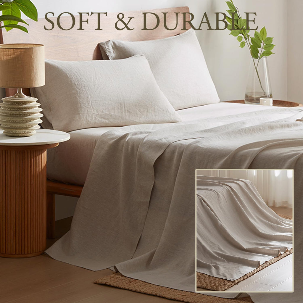 DAPU Pure Linen Sheets Set, 100% French Linen from Normandy, Breathable and Durable for Hot Sleepers, 3 Pcs Set - 1 Flat Sheet, 1 Fitted Sheet, 1 Pillowcase (Natural Linen, Twin)