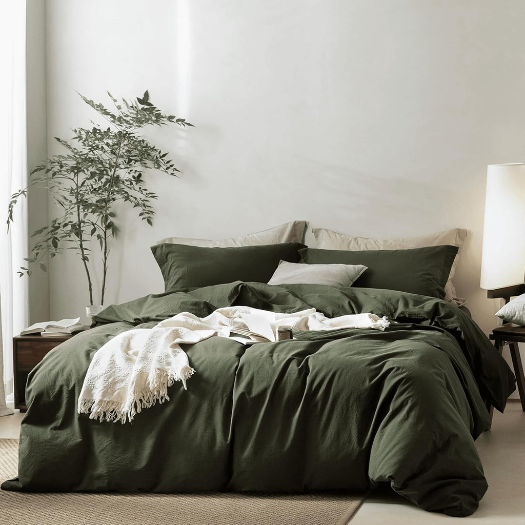 BDEAR Olive Green Duvet Cover Alaskan King Size 132'' W x 120'' L, 100% Washed Cotton Duver Cover with Zipper Closure Plus 2 Pillowcases, Oeko TEX Standard 100 Certificated, Cozy Feel