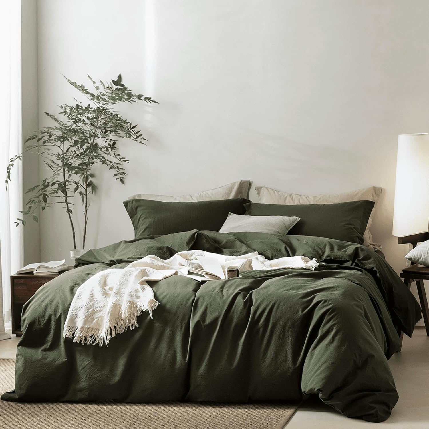BDEAR Olive Green Duvet Cover Alaskan King Size 132'' W x 120'' L, 100% Washed Cotton Duver Cover with Zipper Closure Plus 2 Pillowcases, Oeko TEX Standard 100 Certificated, Cozy Feel