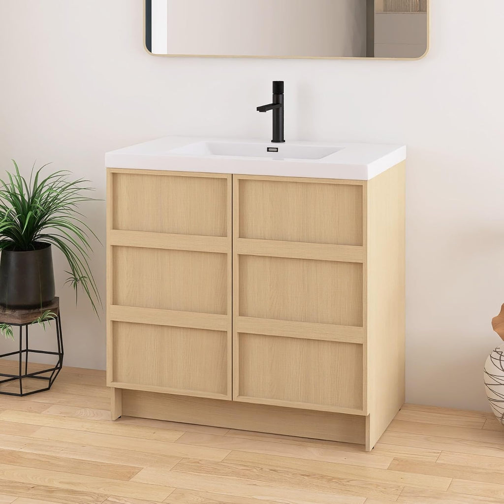 36 Inch Bathroom Vanity with Sink, 36' Freestanding Storage Cabinet Combo, 2 Soft Close Doors and Resin Basin, Modern Brown Floor Standing Vanity Set, Plywood Construction