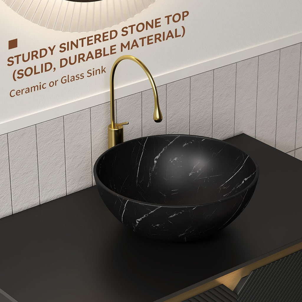 36 Inch Bathroom Vanity with Sink, Floating Fluted Vanity with Vessel Sink, Modern Bathroom Vanity Cabinet with 2 Doors, Bowl Vessel Sink & Sintered Stone Top, Black