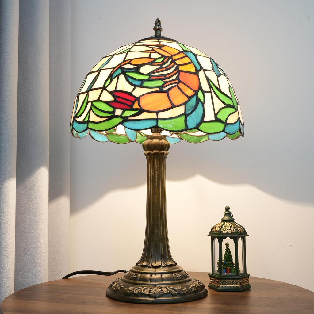 Tiffany Style Table Lamp with Orange Shrimp Stained Glass Lamp 12 Inch Retro Bronze Base Bedside Lamp Bedroom，Living Room, Bar,Cafe,Restaurant Hotel Coastal Style Decorative Ambient Light