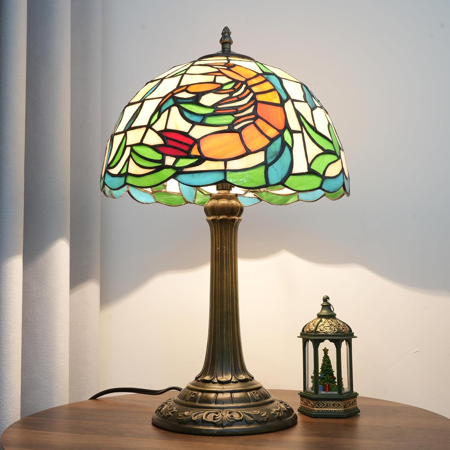 Tiffany Style Table Lamp with Orange Shrimp Stained Glass Lamp 12 Inch Retro Bronze Base Bedside Lamp Bedroom，Living Room, Bar,Cafe,Restaurant Hotel Coastal Style Decorative Ambient Light