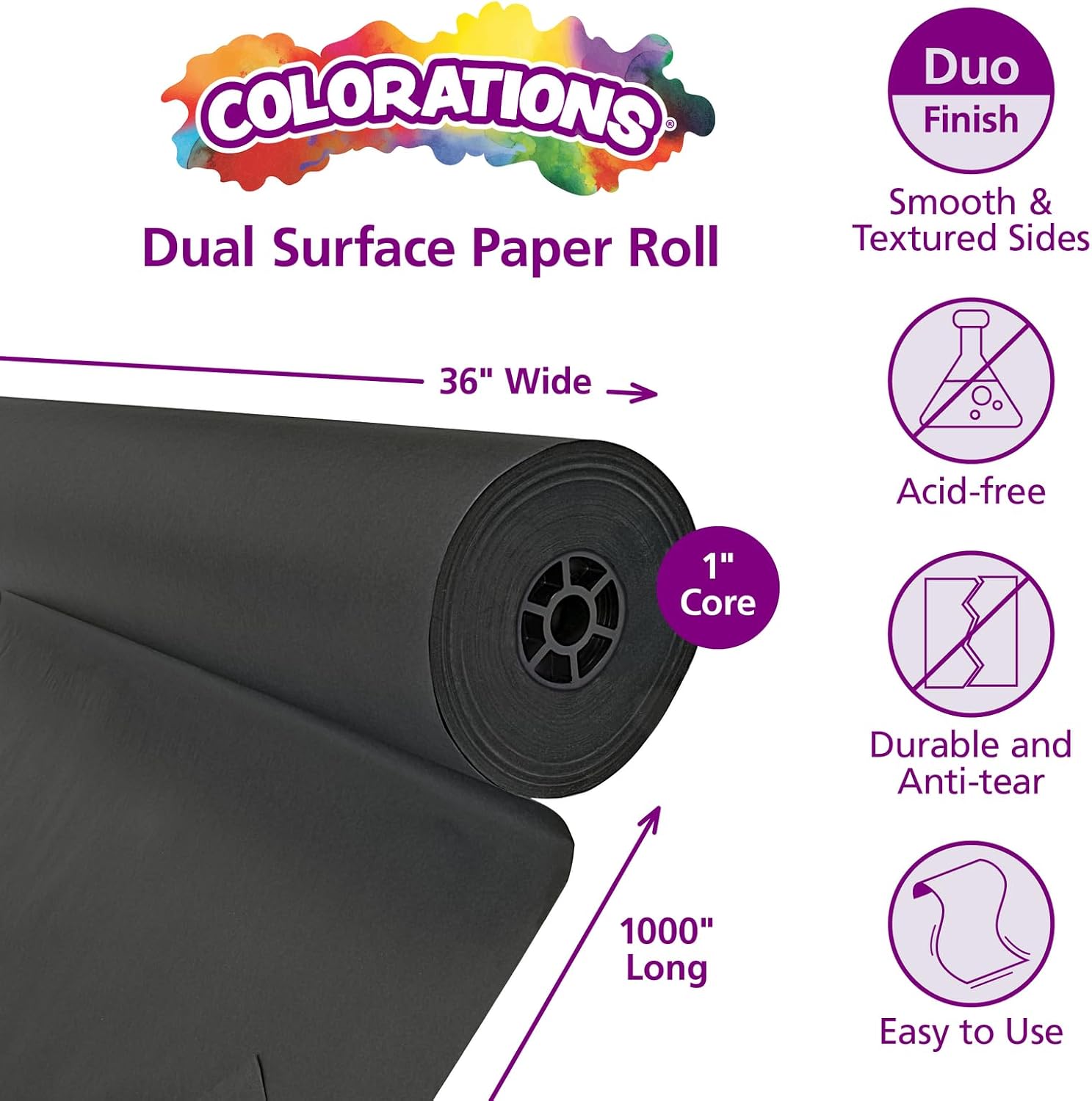 Colorations Dual Surface Paper Roll Classroom Supplies for Arts and Crafts Black (36' x 1000') (Item # DSBK)