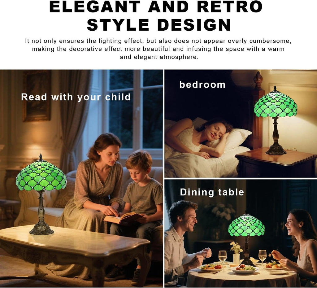 Stained Glass Table Lamp,Green Pearl Style Lamp,12X12X19 Inch Reading Light,Vintage Glass Desk Light for Living Room Bedroom