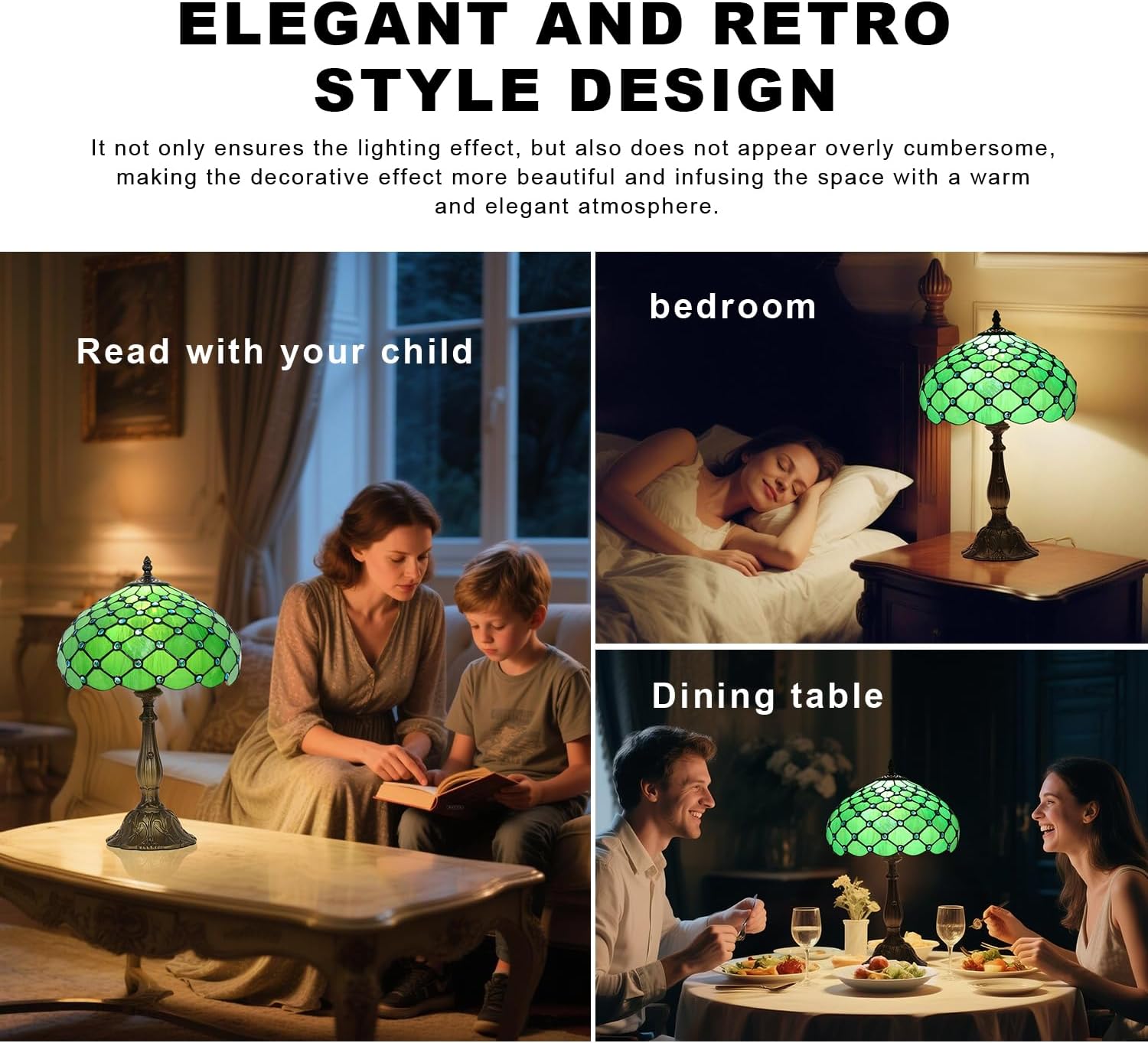 Stained Glass Table Lamp,Green Pearl Style Lamp,12X12X19 Inch Reading Light,Vintage Glass Desk Light for Living Room Bedroom
