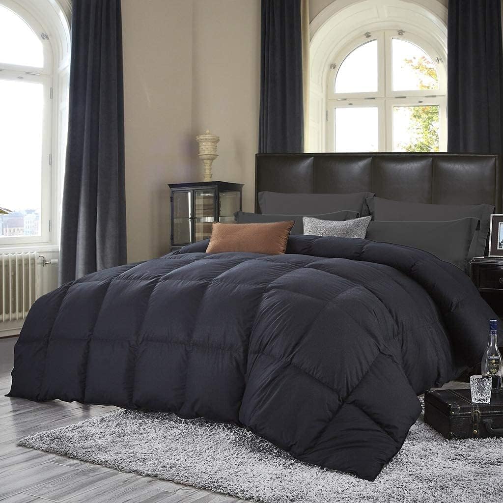 Luxurious Full/Queen Goose Down Comforter, Unique Black Solid, 600 Thread Count, 100% Egyptian Cotton Cover, 70 Oz Fill Weight, 750 Fill Power