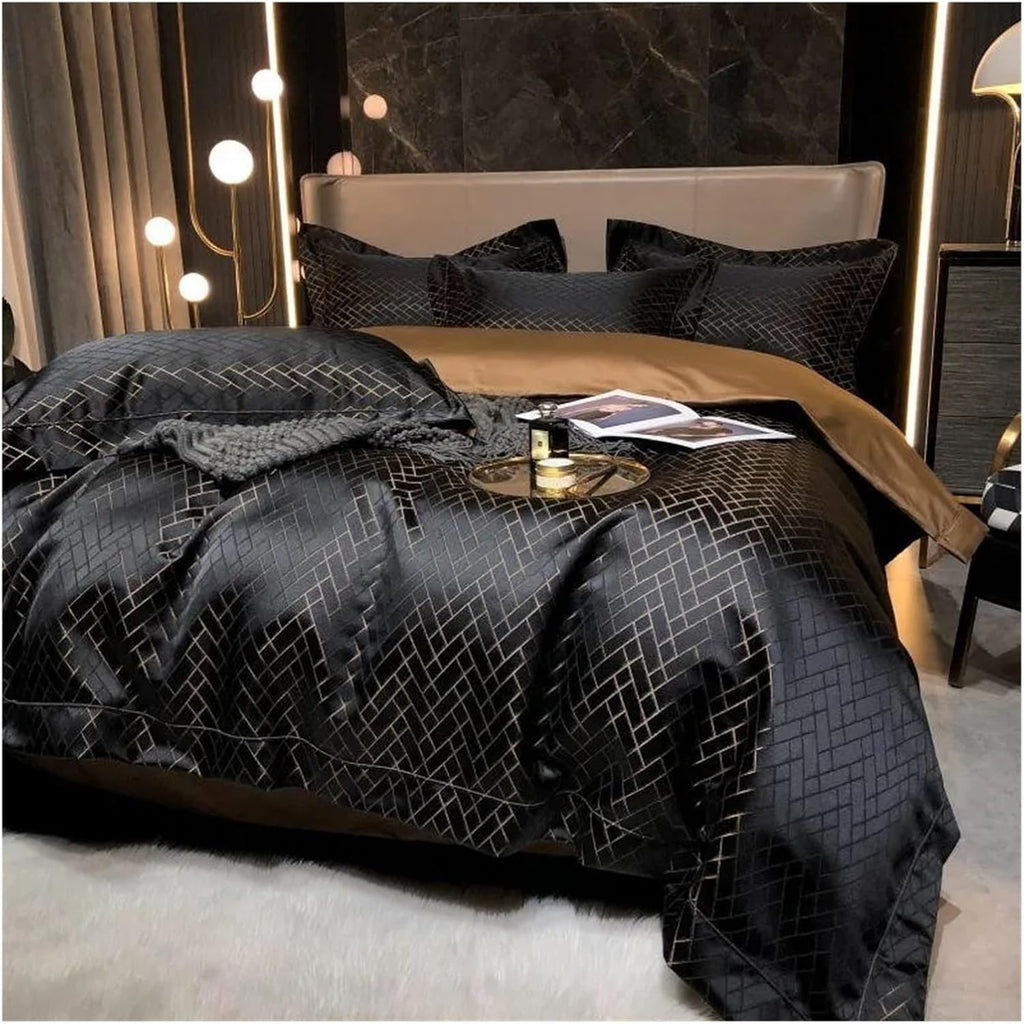 Luxury Black Gold Yarndyed Jacquard Egyptian Cotton Smooth Duvet Cover Queen King Bedding Set Flat Sheet Pillowcases, for All Seasons(Black Gold,Queen)