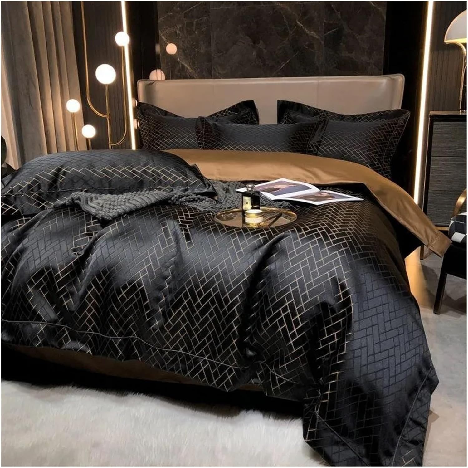 Luxury Black Gold Yarndyed Jacquard Egyptian Cotton Smooth Duvet Cover Queen King Bedding Set Flat Sheet Pillowcases, for All Seasons(Black Gold,King)