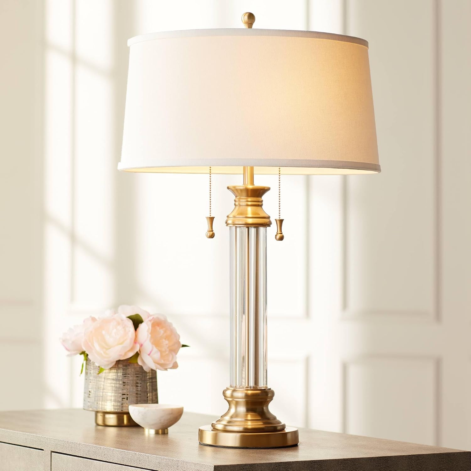 Vienna Full Spectrum Rolland Traditional Table Lamp with USB Dimmer 30' Tall Antique Brass Metal 2-Light Tapered Drum Shade for Living Room Bedroom House Bedside Nightstand Home Office