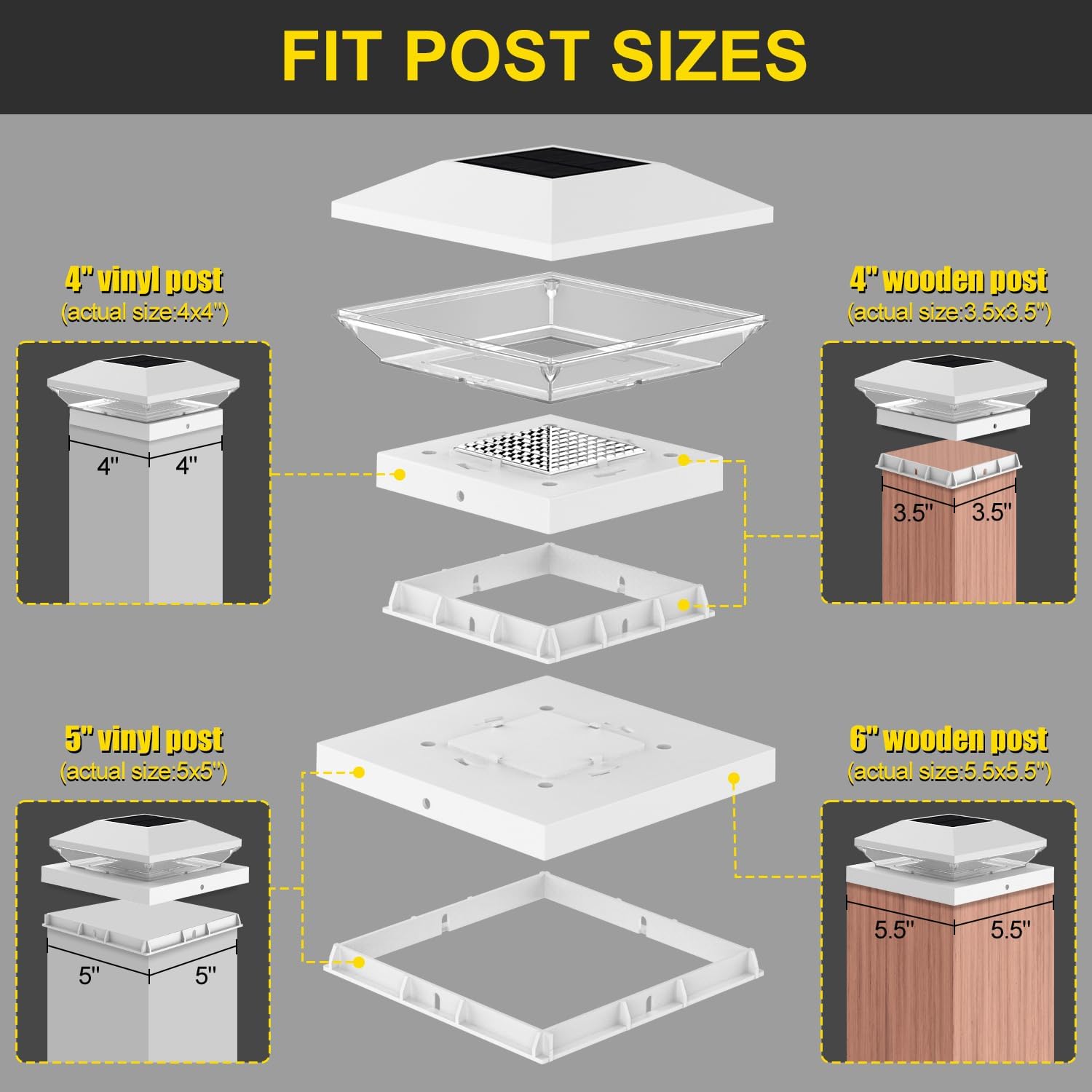 T-SUN Bright Solar Powered Fence Post Cap Lights 18 Pack – for Vinyl (4x4/5x5) & Wooden (3.5x3.5/5.5x5.5) Posts with Warm/Cool White for Mailbox, Patio, Porch
